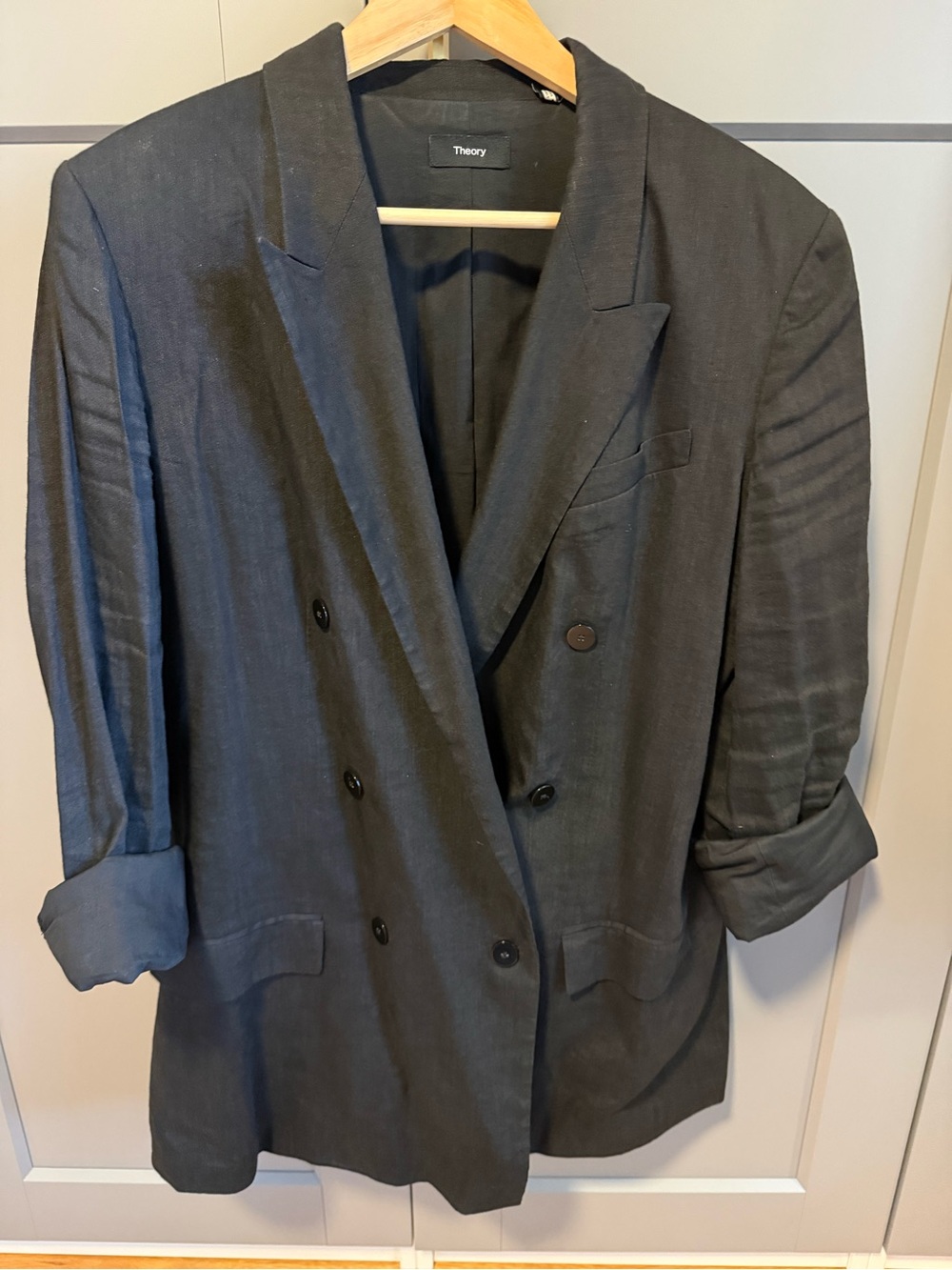 Theory Women’s Double-Breasted Black Linen Blazer - Size 12